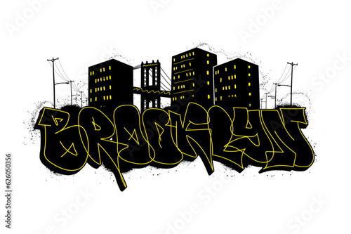 Urban graffiti art - Brooklyn NYC, Urban culture art with houses, lanterns, brooklyn bridge, grunge spray texture with splashes 3D graffiti lettering. Hip hop print for t-shirt, streetwear. Vector 