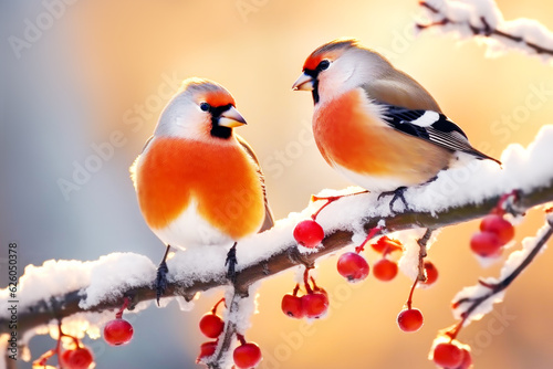 Winter card with cute two bullfinches birds on snowy ashberry branche with berry on gradient winter background. Hello winter. Winter vacations or winter outdoor recreation. Wild life
