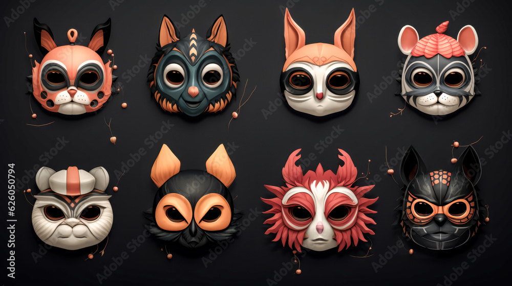 Fototapeta premium She crafted a colorful Halloween mask collection with generative AI.