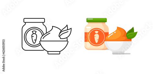Baby food icons with carrot puree in glass jar and bowl. Vector outline and colorful illustrations of healthy nutrition for infants in container with label. Kids food from organic vegetables in bottle