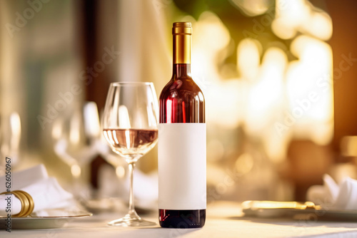 Template of bottle of red wine with wine glass with wine on table with setting on blurred restaurant background. Mockup