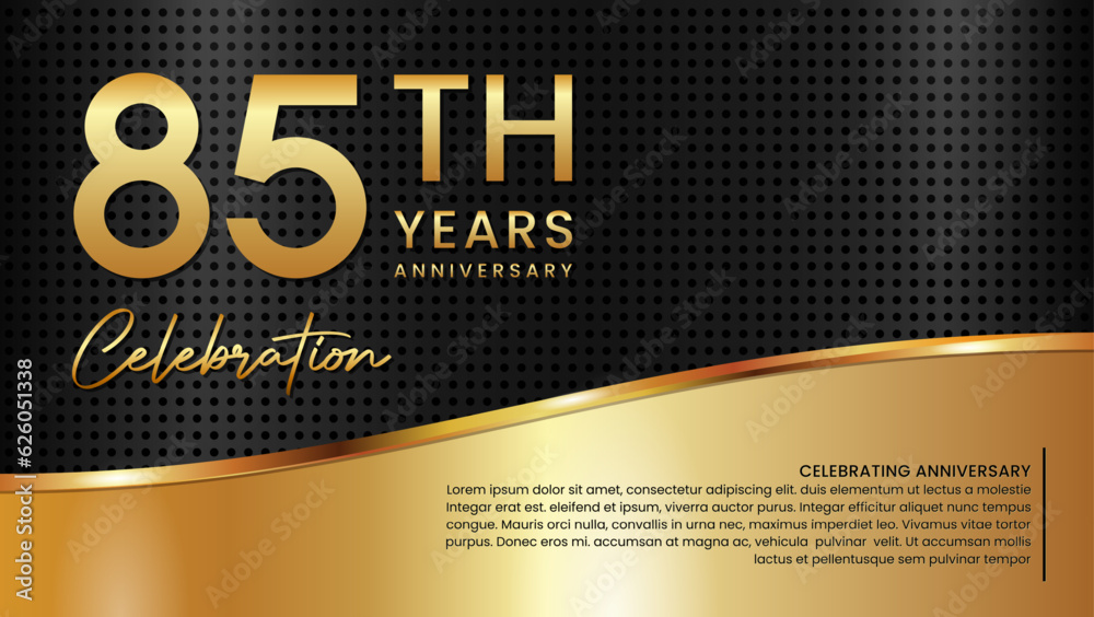 Obraz premium 85th anniversary template design in gold color isolated on a black and gold texture background, vector template