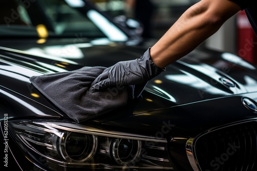 Hand Cleaning a Black Car with Microfiber Cloth. AI
