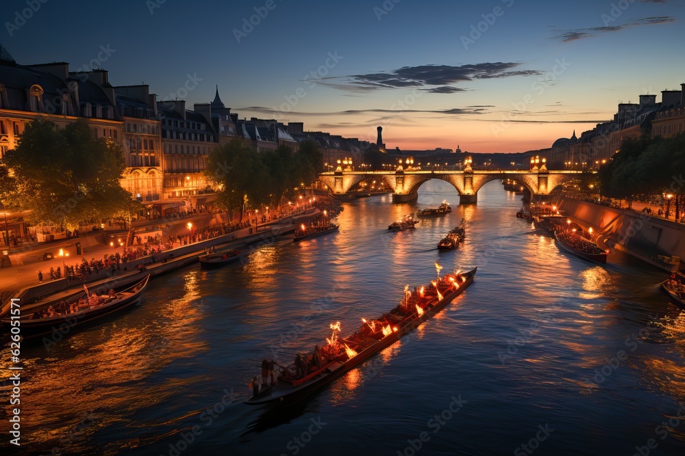 canoes in the Seine, in Paris at night, generative ai