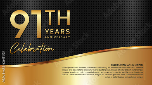 91th anniversary template design in gold color isolated on a black and gold texture background, vector template photo