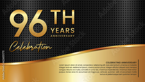 96th anniversary template design in gold color isolated on a black and gold texture background, vector template