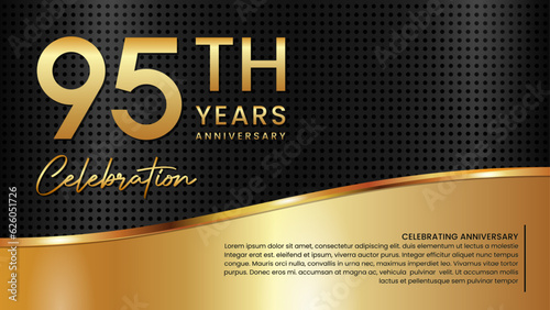 95th anniversary template design in gold color isolated on a black and gold texture background, vector template