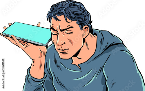 Using voice messages in chats is inconvenient. A man listens to the sound from the speakers of his phone. Pop Art Retro