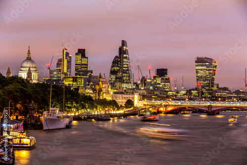 Panorama of Skyscrapers over the River Thames in London at night
