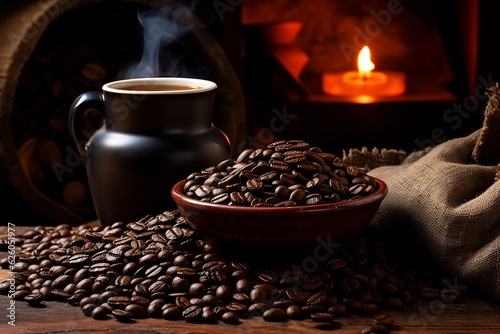 Fresh Roasted Coffee Beans and Steaming Cup. AI