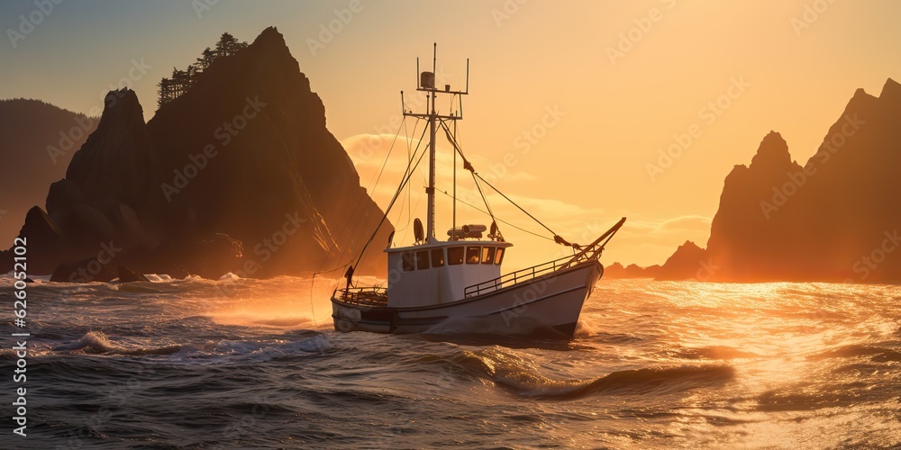 Fototapeta premium AI Generated. AI Generative. Nautical marine navy seascape sea ocean landscape fishing crab boat ship. Adventure travel explore sail catching shipping. Graphic Art