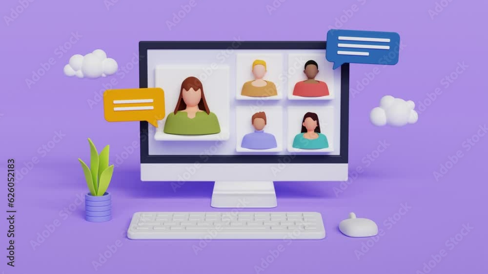 People on computer screen talking with colleague. Video conferencing and online meeting workspace. 4k 3d loop animation