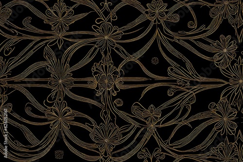 Black luxury cloth, silk satin velvet, with floral shapes, gold threads, luxurious wallpaper, elegant abstract design 