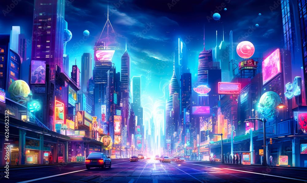 In a futuristic metaverse illustration, a cyber city emerges, boasting neon lights that illuminate an empty road.