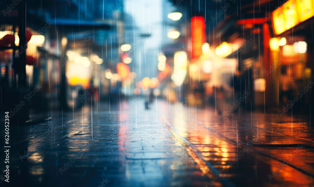 An illustration of a cityscape with a defocused, contemporary ambiance. The blurred background showcases an empty road adorned with radiant lights and towering buildings.