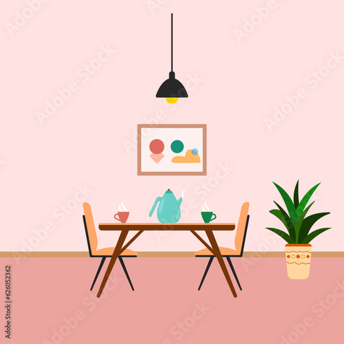 Chairs, cups and teapot. Dining table idea concept in kitchen.