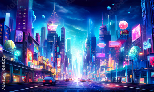 In a futuristic metaverse illustration  a cyber city emerges  boasting neon lights that illuminate an empty road.
