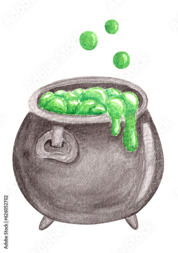 Watercolor witch kettle with green hot liquid poison potion with round bubbles.Isolated halloween party aquarelle element for design and print