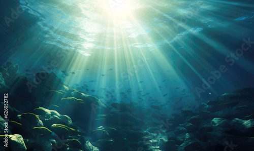Captivating depiction of the underwater world, where sunlight flares create an enchanting play of light and shadows in the deep sea, forming a mesmerizing aquatic backdrop