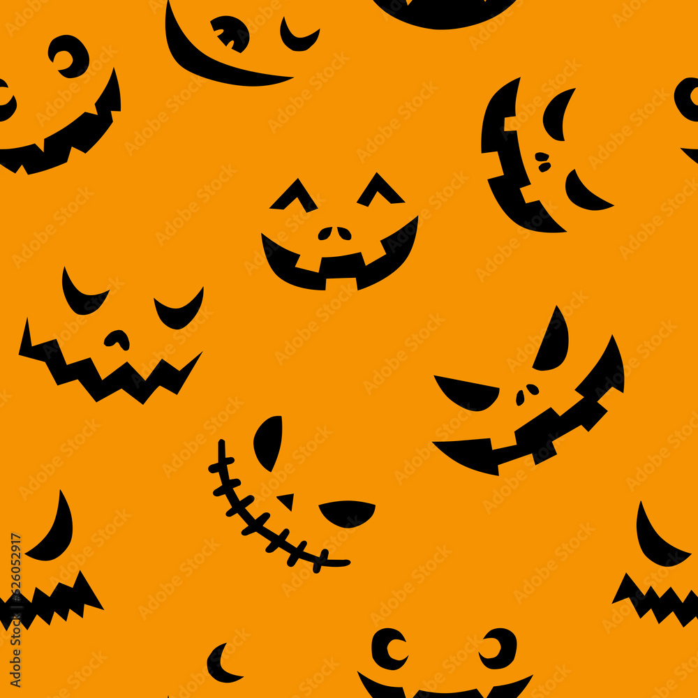 Line art doodle simple seamless pattern with different spooky creepy funny eyes and smiles halloween party backdrop.On orange background Line art doodle simple seamless pattern with different spooky creepy funny eyes and smiles halloween party backdrop.On orange background