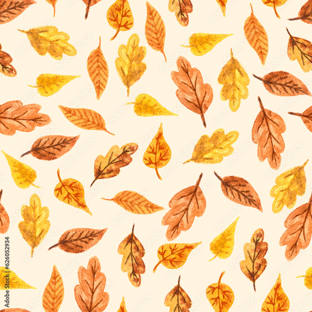 Obraz premium Watercolor hand drawn painted little orange, brown, red autumn season leaves seamless pattern on yellow background. Aquarelle web design for print.Halloween cartoon style backdrop