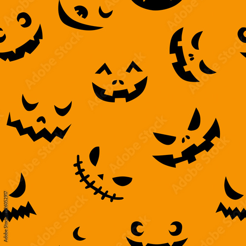 Line art doodle simple seamless pattern with different spooky creepy funny eyes and smiles halloween party backdrop.On orange background