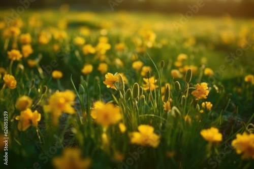 Yellow spring flowers on green meadow background