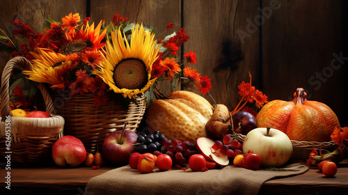 Autumn HarvAutumn Harvest with pumpkins, flowers, and grains, Thanksgiving with pumpkins, flowers, and fruits