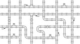 Industrial Seamless Pattern of Interwoven Pipes for Water, Gas, or Oil in Outline Style