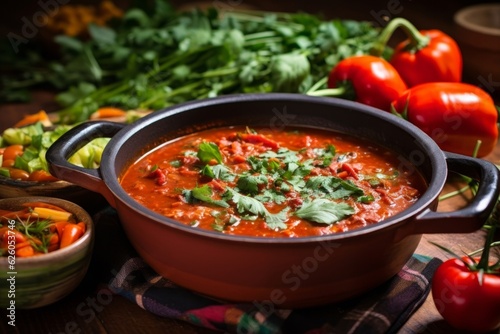 Aztec Soup, simmering away in a rustic earthen pot surrounded by the fresh ingredients used in its recipe - ripe tomatoes, epazote leaves, pasilla chilli pepper and crisp tortilla chips