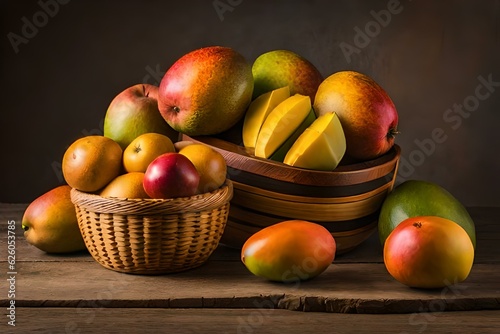 a stunning image of a wicker basket filled to the brim with perfectly ripe and freshly picked mangos - AI generative