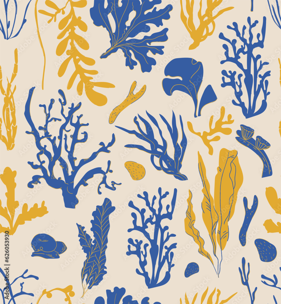 Coral polyps and seaweed seamless pattern vector. Blue and yellow Kelp ...