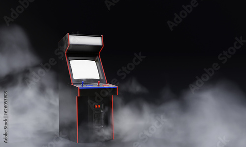 Generic Retro Arcade Machine or Cabinet for Two Players With Blue and Red Decorations in the Fog or Mist. 3D Illustration