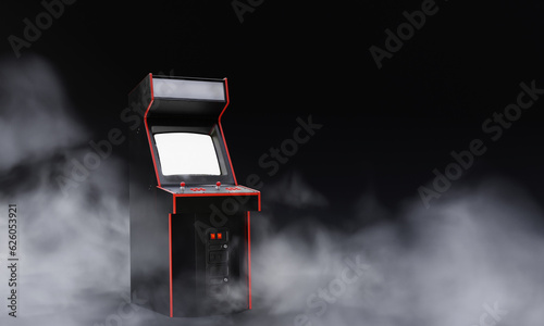 Generic Retro Arcade Machine or Cabinet for Two Players With Red Decorations in the Fog or Mist. 3D Illustration