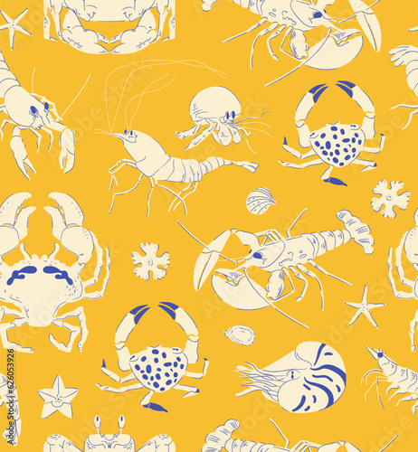 Seamless vector pattern with animals under water. Crab, shrimp, lobster, crayfish on yellow background. Hand drawing sketch illustration for kitchen cover, fabric, wallpaper or wrapping paper