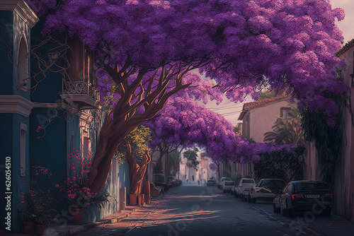 A street full of purple flowers and blooming plants. Generative AI