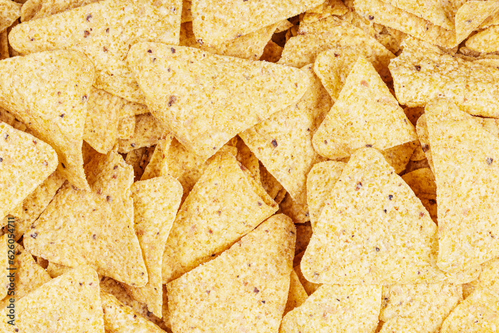 Flat lay of delicious Roasted Corn Tortilla or Nacho Chips