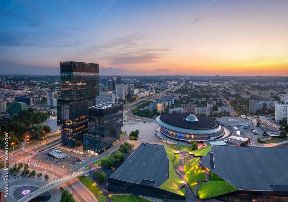 Obraz na płótnie Katowice, Poland - Aerial cityscape with modern building and famous Arena w salonie