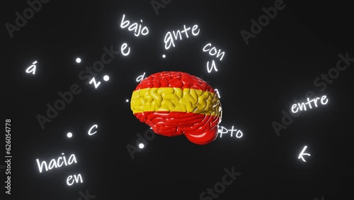 Spanish Learning Foreign language Human brain Spain flag color Letters articles word preposition vocabulary grammar 3d animation. Studying Online course education Listening Reading Fluency improvement