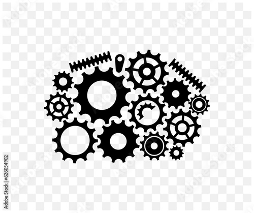 Mechanism, gears, pinion and gearwheel in work, graphic design. Machinery, machine, cogwheel, rackwheel and gearing, vector design and illustration