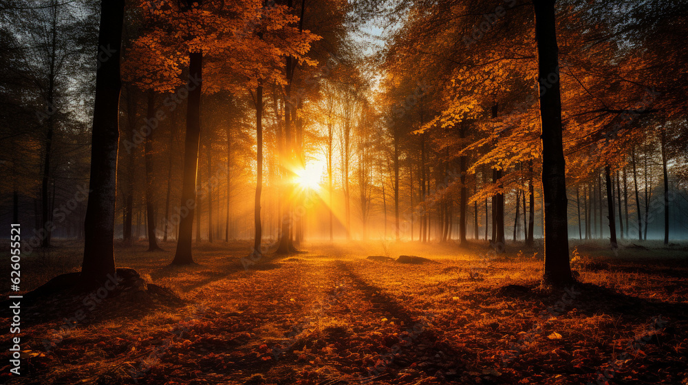 A mesmerizing scene of a golden sunrise over a forest, with autumn leaves gently falling Generative AI
