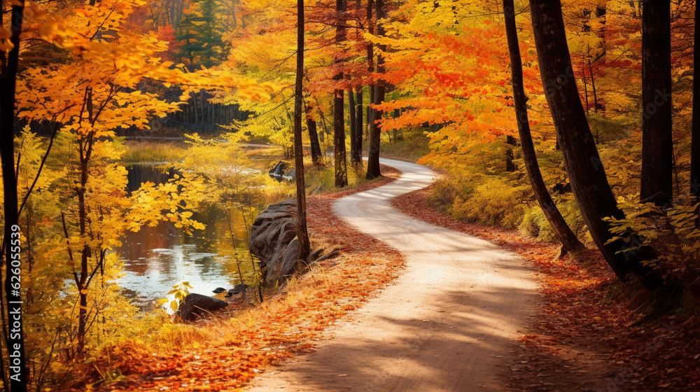 A charming picture of a winding path through the woods, adorned with vibrant autumn foliage Generative AI