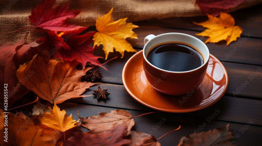 A cozy and inviting image of a cup of hot tea surrounded by fallen autumn leaves during a rainy day Generative AI