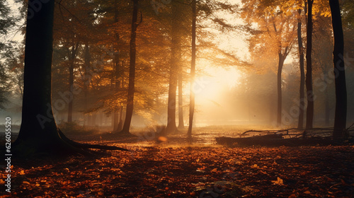 A mesmerizing scene of a golden sunrise over a forest  with autumn leaves gently falling Generative AI