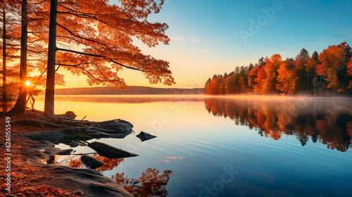A serene image of a tranquil lake at dawn, with colorful autumn trees reflecting on the water's surface Generative AI © Наталья Евтехова