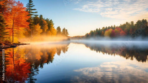 A serene image of a tranquil lake at dawn  with colorful autumn trees reflecting on the water s surface Generative AI