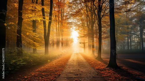 A magical shot of a misty forest during sunrise, with the vibrant hues of autumn leaves peeking through Generative AI