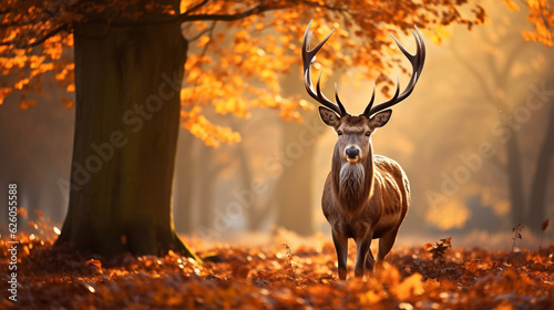 A stunning photograph of a majestic deer surrounded by autumn foliage in the soft morning light Generative AI