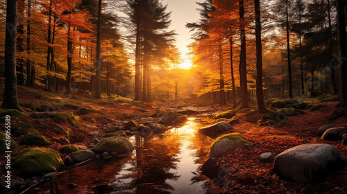 An enchanting picture of a forest bathed in the warm hues of sunrise, accentuating the beauty of autumn Generative AI