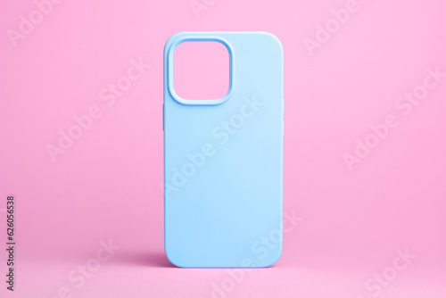 blue phone case mock up back view for iPhone 15 Pro isolated on pink background